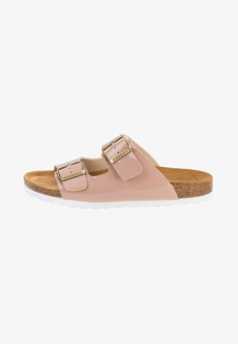 Infradito rosa con due cinghie regolabili, fibbie dorate, footbed in sughero e suola in gomma bianca, caratterizzati da una finitura lucida e liscia.