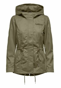 Olivgrön, huvad jacka med en dragkedjeficka på bröstet, dragsko i midjan och två sidofickor. Slät textur, skräddarsydd passform.