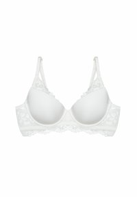 Biała biustonosz z poduszkami, koronkowym wykończeniem i regulowanymi ramiączkami. Gładki materiał z kwiatowym wzorem koronkowym po bokach i z tyłu.