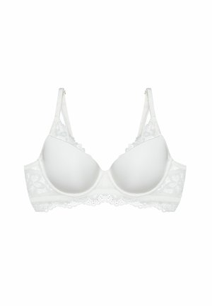 Biała biustonosz z poduszkami, koronkowym wykończeniem i regulowanymi ramiączkami. Gładki materiał z kwiatowym wzorem koronkowym po bokach i z tyłu.