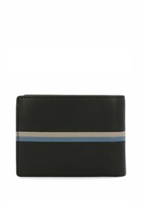 Cartera de cuero negra con una superficie texturizada; presenta una franja horizontal en gris y azul claro en la parte frontal. Diseño compacto y rectangular.