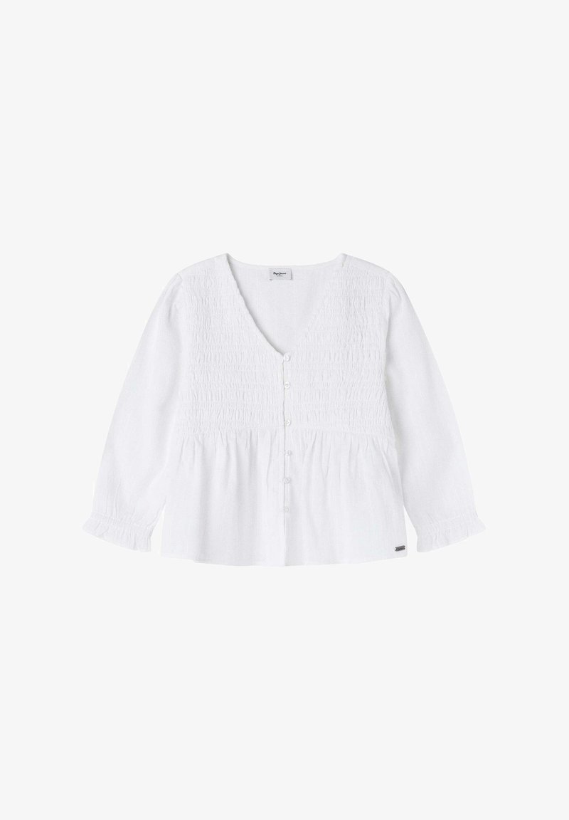 Witte blouse met knopen en een V-hals, gerimpeld lijfje, lange mouwen en een gathered zoom. Bevat elastische manchetten en een logo accent.