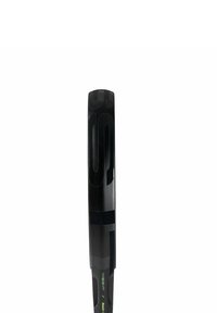Black tennis racket with a sleek, oval head, lightweight design, textured grip, and a green logo along the shaft. Smooth finish overall.