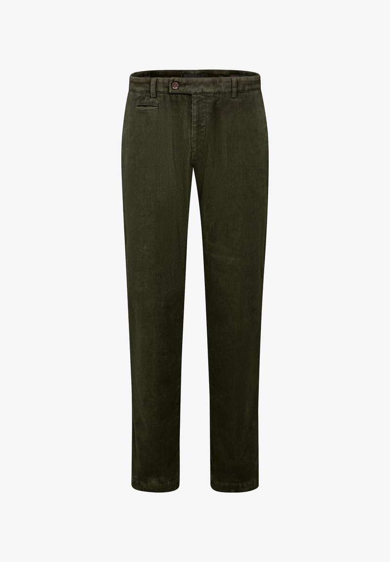 Dunkelgrüne Cordhosen mit geradem Schnitt, ausgestattet mit einem Knopfverschluss, Gürtelschlaufen und Seitentaschen. Texturiertes Material mit vertikalen Rillen.