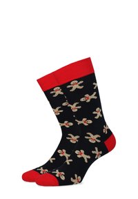Czarne skarpetki z czerwonymi akcentami i mankietami, ozdobione powtarzającym się wzorem w postaci ludzików piernikowych w beżowym i czerwonym kolorze. Wykonane z elastycznego, miękkiego materiału.