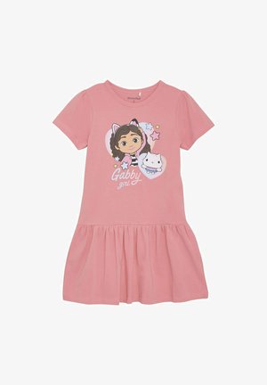 Rosa kurzärmliges Kleid mit schwingendem Rock, das ein bedrucktes Charakterdesign und Sterne zeigt. Hergestellt aus weichem, leichtem Stoff.