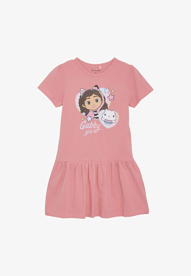 Rosa kurzärmliges Kleid mit schwingendem Rock, das ein bedrucktes Charakterdesign und Sterne zeigt. Hergestellt aus weichem, leichtem Stoff.