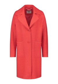 Red, wool blend coat with a notched collar, single button closure, two front pockets, and long sleeves. Smooth texture and tailored design.