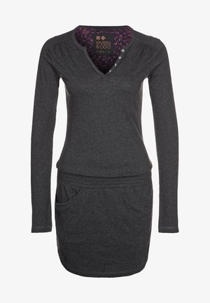 Mörkgrå långärmad klänning med V-ringning och knappar, rynkade axlar och en figurnära midja med fickor. Mjukt och elastiskt material.