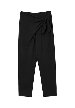 Black, high-waisted wrap pants with a knotted detail at the waist. Soft, stretchy fabric with a loose-fitting silhouette and ankle length.