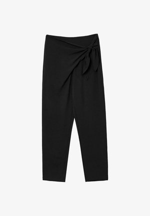 Pantaloni avvolgenti neri a vita alta con dettaglio annodato in vita. Tessuto morbido ed elasticizzato con una silhouette ampia e lunghezza alla caviglia.