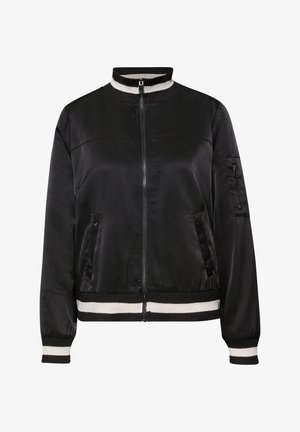 Veste bomber noire en tissu lisse, avec fermeture éclair à l'avant, col, poignets et ourlet côtelés avec des rayures blanches, et poches latérales.