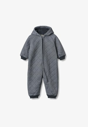 Prošívaný overal v námořnické modři s kapucí, který má diagonální pruhy, plný zip a pružné manžety pro teplo a pohodlí.