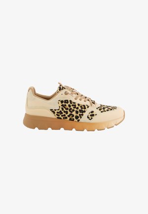 Beige sneakers with leopard print accents, featuring a smooth textile upper, padded collar, and a textured rubber sole.