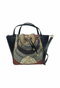 Tofarvet tote bag med en tekstureret grafisk front i creme og rød, sort læderkant, dobbelt håndtag og en aftagelig skulderrem.