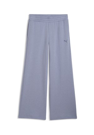 Pantalones deportivos de pierna ancha en azul claro con cintura elástica, bolsillos laterales y logo de Puma en el muslo izquierdo.