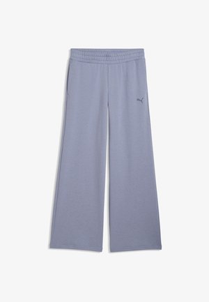 Pantalon de survêtement large bleu clair avec taille élastique, poches latérales et logo Puma sur la cuisse gauche.