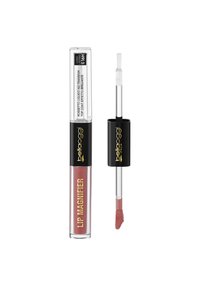 Lip Magnifier in un tubo trasparente con un tappo nero. Colore rosa nudo lucido con applicatore a forma di piede di cervo per un'applicazione precisa.