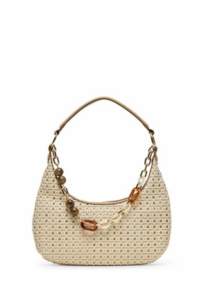 Béžová tkaná kabelka s krátkým koženým úchytem a dekorativním řetízkem s hnědými korálky a jantarovými články.