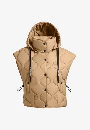 Béžová prošívaná vesta bez rukávů s vysokým límcem, kapucí, černými druky, bočními kapsami a černými šňůrkami s bílým textem.
