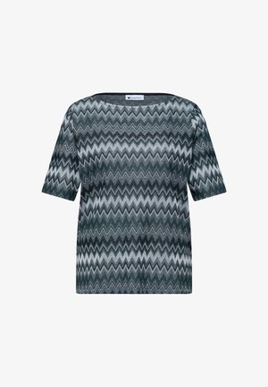 Top en maille manches courtes à motif zigzag noir, blanc et gris, avec col rond et coupe régulière.