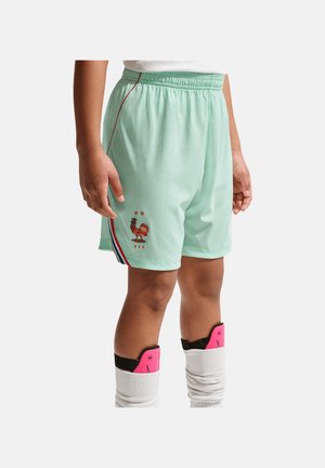 Kind draagt lichtgroene sportshorts met rode, witte en blauwe strepen en een hanenembleem, witte sokken en roze scheenbeschermers.