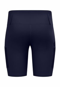 Shorts de sport bleu marine en tissu extensible, dotés d'une taille haute et de deux poches latérales, avec des coutures à plat pour un confort optimal.