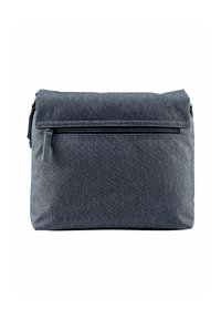 Borsa a tracolla grigia in tessuto con tasca frontale con zip, forma rettangolare e superficie morbida; dotata di una tracolla regolabile.