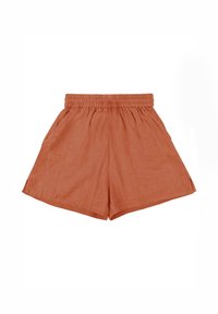 Leinen-Shorts in rostfarben mit elastischem Bund und Seitentaschen, flach auf einem weißen Hintergrund ausgelegt.
