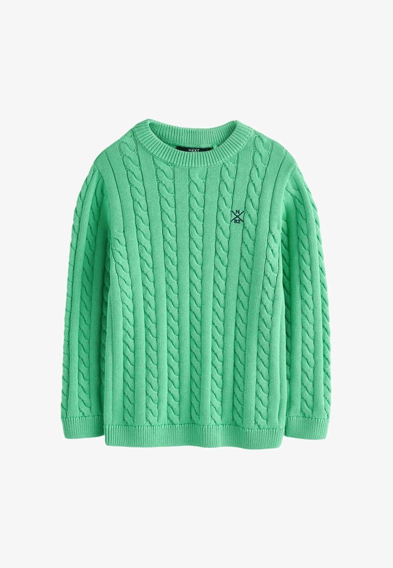 Jersey verde de punto trenzado con mangas largas, con cuello, puños y bajo acanalados, con un pequeño logo negro de letras cruzadas en el pecho izquierdo.