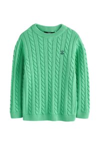 Grüner Strickpullover mit Zopfmuster, Rundhalsausschnitt und gerippten Bündchen und Saum. Kleines Logo auf der Brust gestickt.