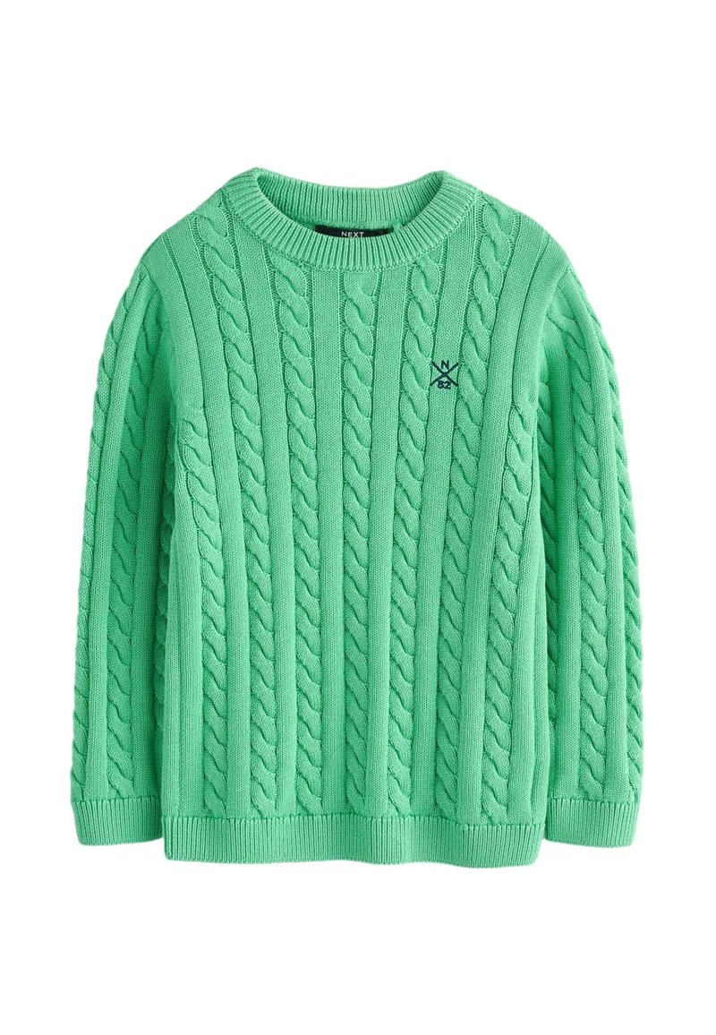 Grüner Strickpullover mit Zopfmuster, Rundhalsausschnitt und gerippten Bündchen und Saum. Kleines Logo auf der Brust gestickt.