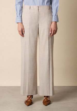 Persoon draagt beige, geruite broek met wijde pijpen, blauw-wit gestreept overhemd en bruine pumps met puntige neus, staande op een grijze vloer.