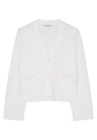 Biały kardigan z dekoltem w serek, zapinany na guziki, z dwoma przednimi kieszeniami i długimi rękawami. Wykonany z miękkiego, lekkiego materiału.