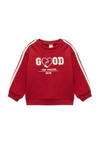 Czerwona bluza z białymi akcentami, z napisem "GOOD golf" w fakturowanej literze i "TIME TOGETHER" poniżej. Okrągły dekolt i ściągacze przy mankietach.