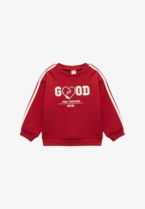Rotes Sweatshirt mit weißen Akzenten, verfügt über "GOOD golf" in strukturiertem Schriftzug und "TIME TOGETHER" darunter. Rundhalsausschnitt und Rippbündchen.