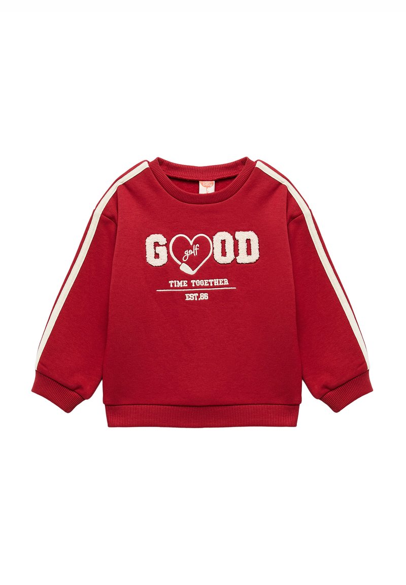 Czerwona bluza z białymi akcentami, z napisem "GOOD golf" w fakturowanej literze i "TIME TOGETHER" poniżej. Okrągły dekolt i ściągacze przy mankietach.