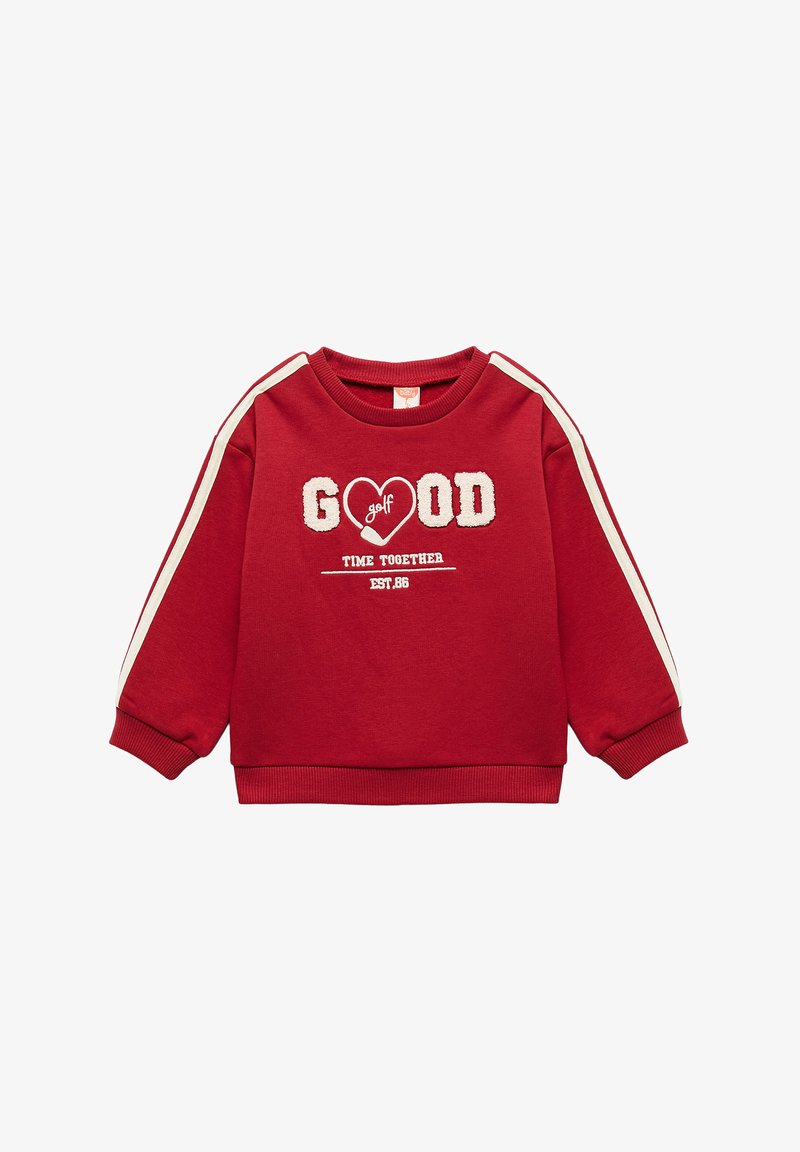 Czerwona bluza z białymi akcentami, z napisem "GOOD golf" w fakturowanej literze i "TIME TOGETHER" poniżej. Okrągły dekolt i ściągacze przy mankietach.