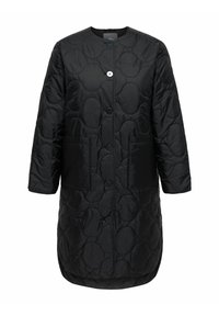 Juodas pūstas paltas su apvalia iškirpte, priekyje sagomis ir dvi didelėmis kišenėmis. Tekstūruotas raštas su lygiu paviršiumi ir ilgomis rankovėmis.