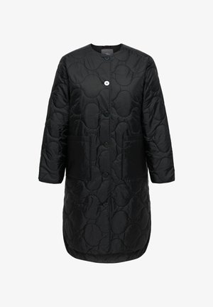 Črni prešit plašč z okroglim izrezom, gumbi spredaj in dvema velikima žepoma. Teksturiran vzorec z gladkim zaključkom in dolgimi rokavi.