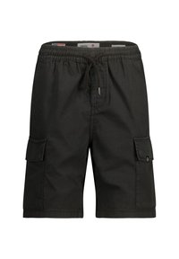 Mustat cargo-shortsit, jotka on valmistettu kestävästä kankaasta, elastisella vyötäröllä, jossa on naru, sivutaskut ja rento leikkaus.