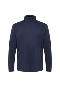 Mörkblåt rullkrage, långärmad, tillverkad av mjukt tyg, med en figursydd design och sömlös hals, med en slät struktur.