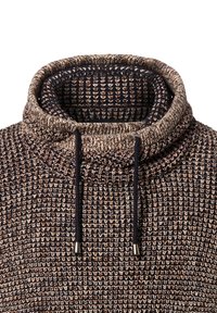 Strick-Turtleneck-Sweatshirt in Navy- und Beigetönen, mit einem strukturierten Muster, Kordelzugverschluss und metallischen Enden an den Kordeln.