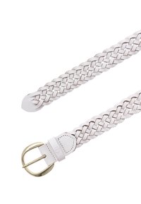 Valkoinen punottu nahkavyö kultaisen metallisoljen kera. Vyössä on sileä pinta ja kapeneva pää, joka takaa tukevan kiinnityksen.