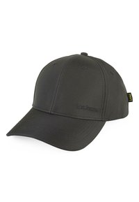 Gorra de béisbol negra hecha de tela suave con visera curvada, con costuras tonales y un logo en el panel frontal.