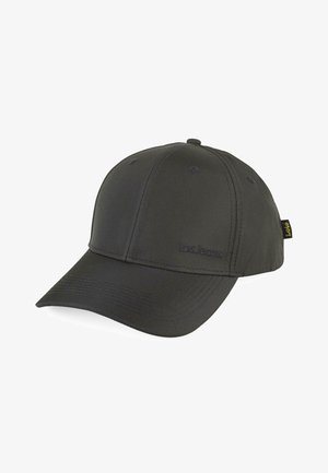Gorra de béisbol negra hecha de tela suave con visera curvada, con costuras tonales y un logo en el panel frontal.