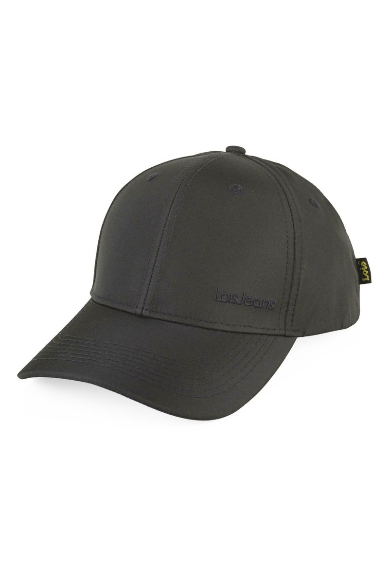 Gorra de béisbol negra hecha de tela suave con visera curvada, con costuras tonales y un logo en el panel frontal.