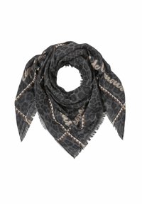 Scarf con stampa leopardata nera e grigia con bordi frangiati e accenti marroni. Materiale leggero con una texture morbida. Misura circa 90 cm.