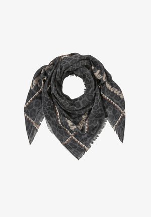 Schwarz- und grau leopardgemusterter Schal mit fransigen Kanten und braunen Akzenten. Leichtes Material mit weicher Textur. Misst etwa 90 cm.