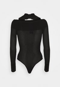 Černý body s dlouhými rukávy, off-the-shoulder výstřihem, žebrovanou texturou a přiléhavým střihem. Obsahuje mašličku na krku.
